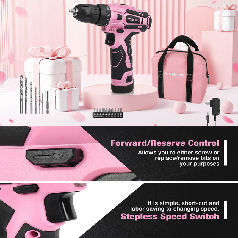 WORKPRO 12V Pink Cordless Drill Driver Set Electric Screwdriver Driver with Bag