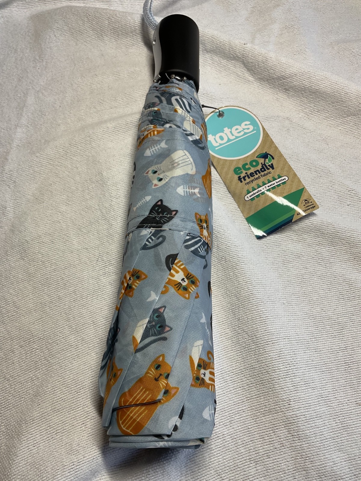 TOTES BASIC WOMEN'S UMBRELLA GRAY CATS 42 INCH COVERAGE PUSH OPEN NWT