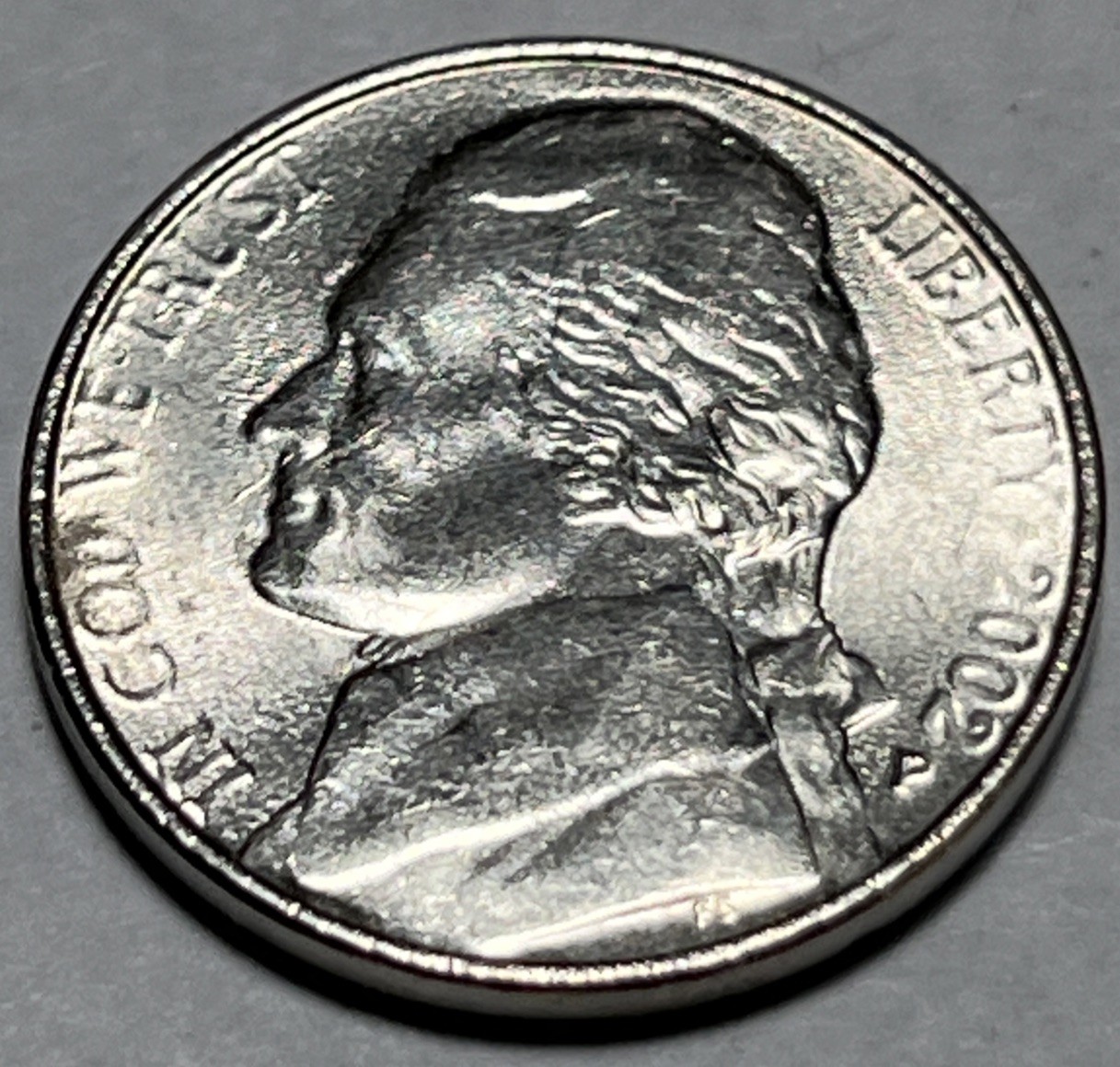 2002 P Jefferson Nickel Error Weak Strike Through Grease Faint Date & Lettering