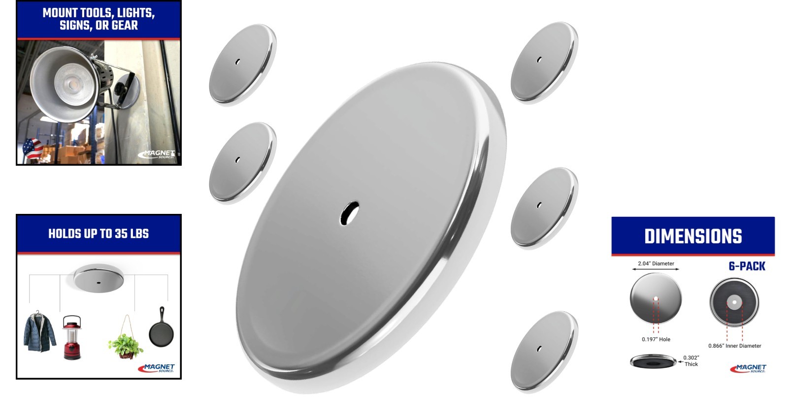 35 lb Pull Heavy-Duty Round Base Magnets - 6-Pack for Indoor & Outdoor Use