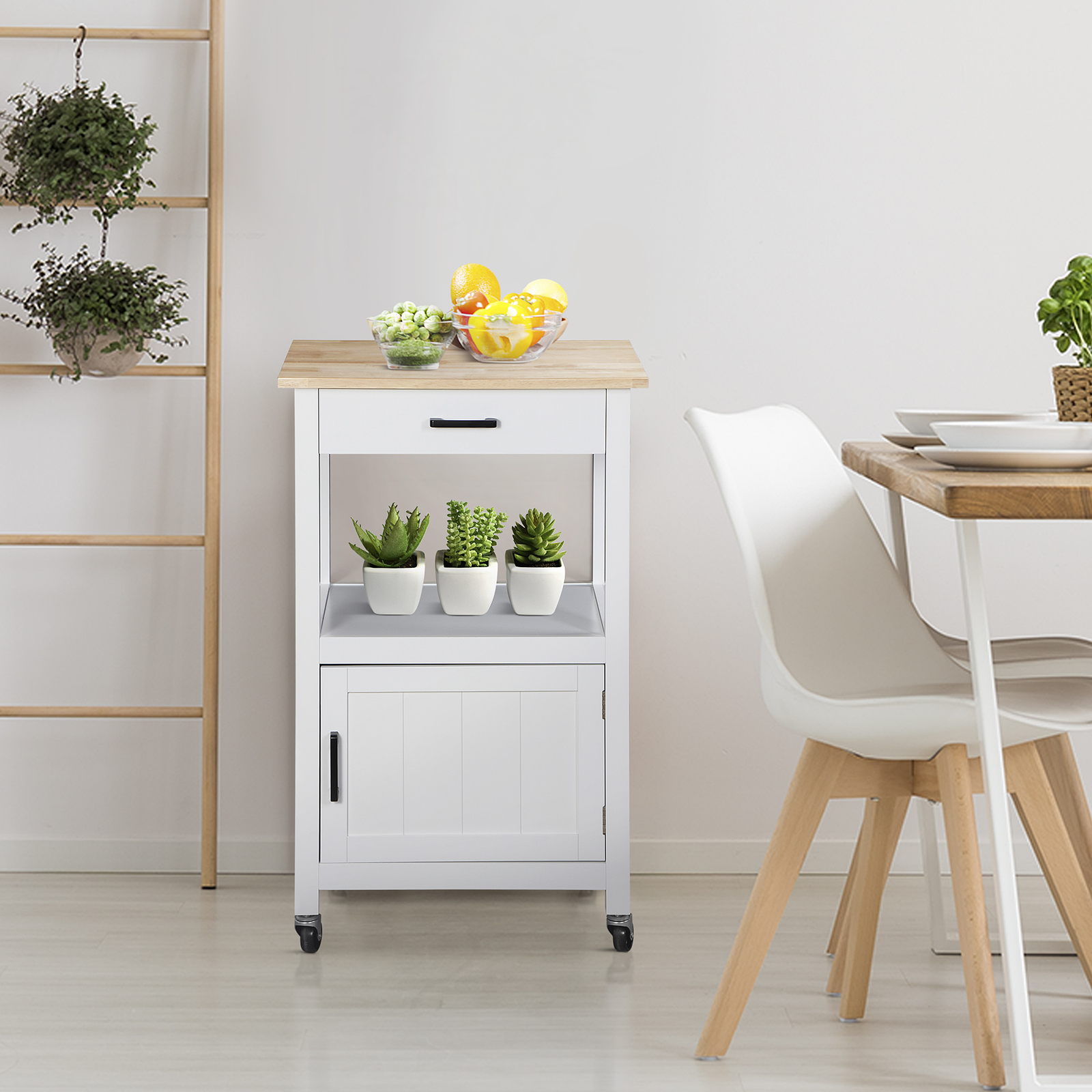 Kitchen Cart with Drawer on Swivel Wheels with 3 Side Hooks for Dining Room