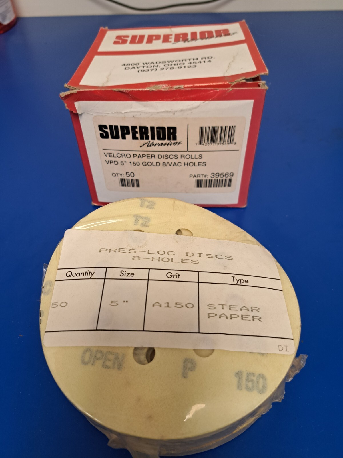 50 Pres- Loc DISCS 5" VPD 8 VAC HOLES 150 GRIT GOLD   #39569 Superior Abrasives