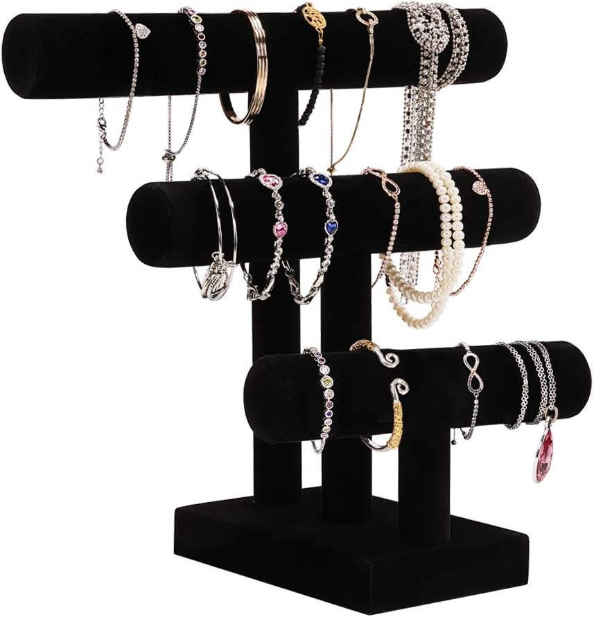3 Tier Jewelry Display Tower Black Velvet Necklace Bracelet Watch Organizer