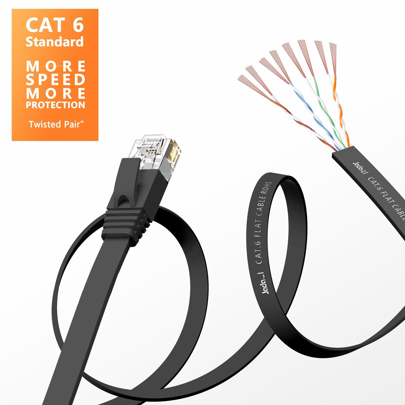 Black Cat 6 Ethernet Cable 5ft 10Gbps Flat High Speed LAN Patch 10 PCS