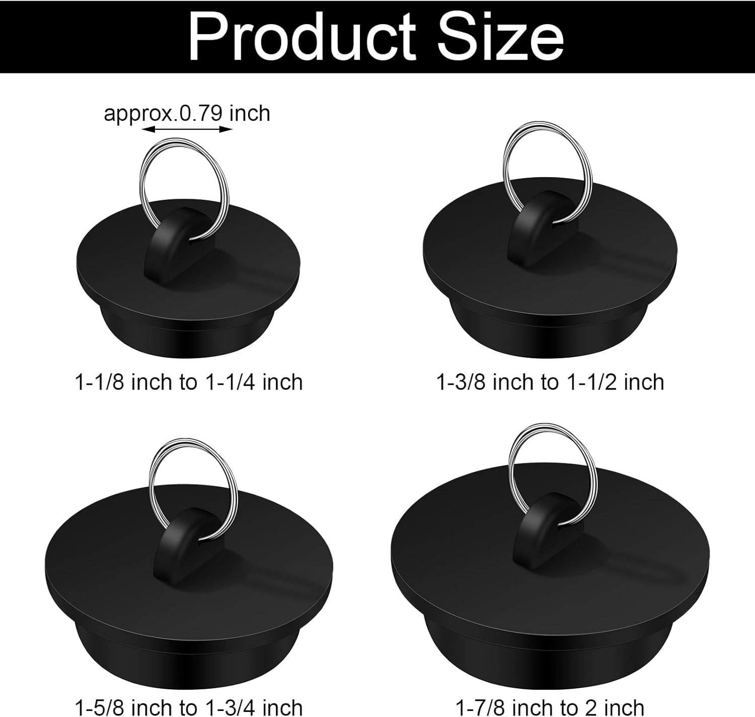 4 Pieces Tub Stopper Set Rubber 1-1/8, 1-3/8,1-5/8, 1-7/8'', Black