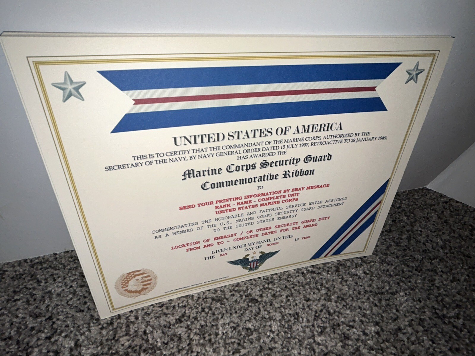 MARINE CORPS SECURITY GUARD RIBBON COMMEMORATIVE CERTIFICATE ~ W/PRINTING TYPE-1