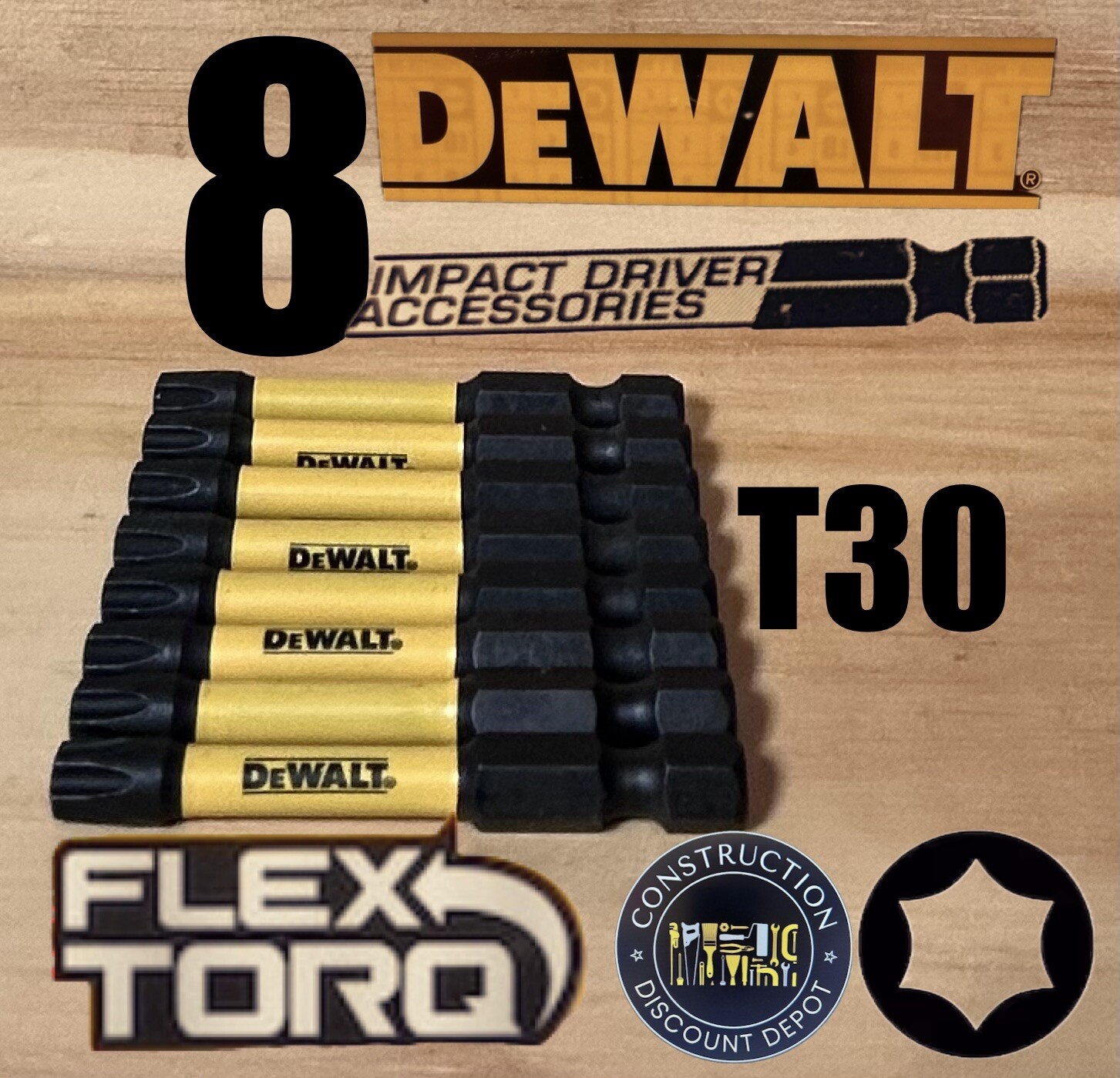 DEWALT FlexTorq 8 Piece Bit Set Torx T30 2-1/4" IMPACT READY NEW T-30