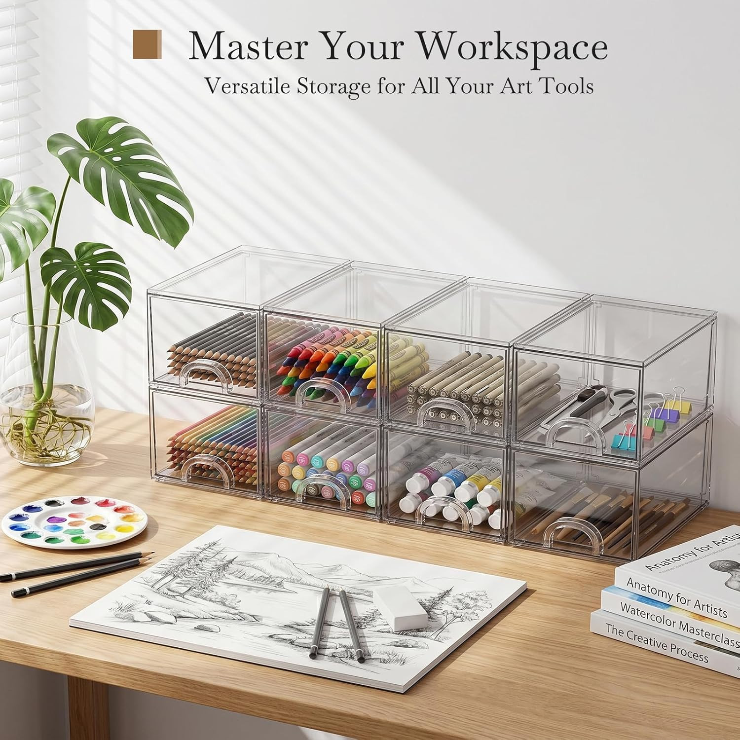 8 Pack Small Clear Stackable Acrylic Storage Boxes for Art Tool & Sketch, Storag