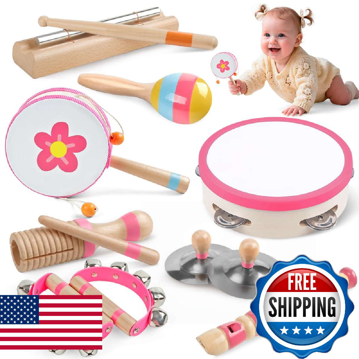 Toddlers Musical Instruments for 1 2 3 Year Old Girl,Baby Montessori Wooden Musi