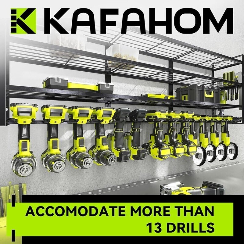 Large Power Tool Organizer Wall Mount 4-Tier Rack 13 Drill Holder W/ Accessories