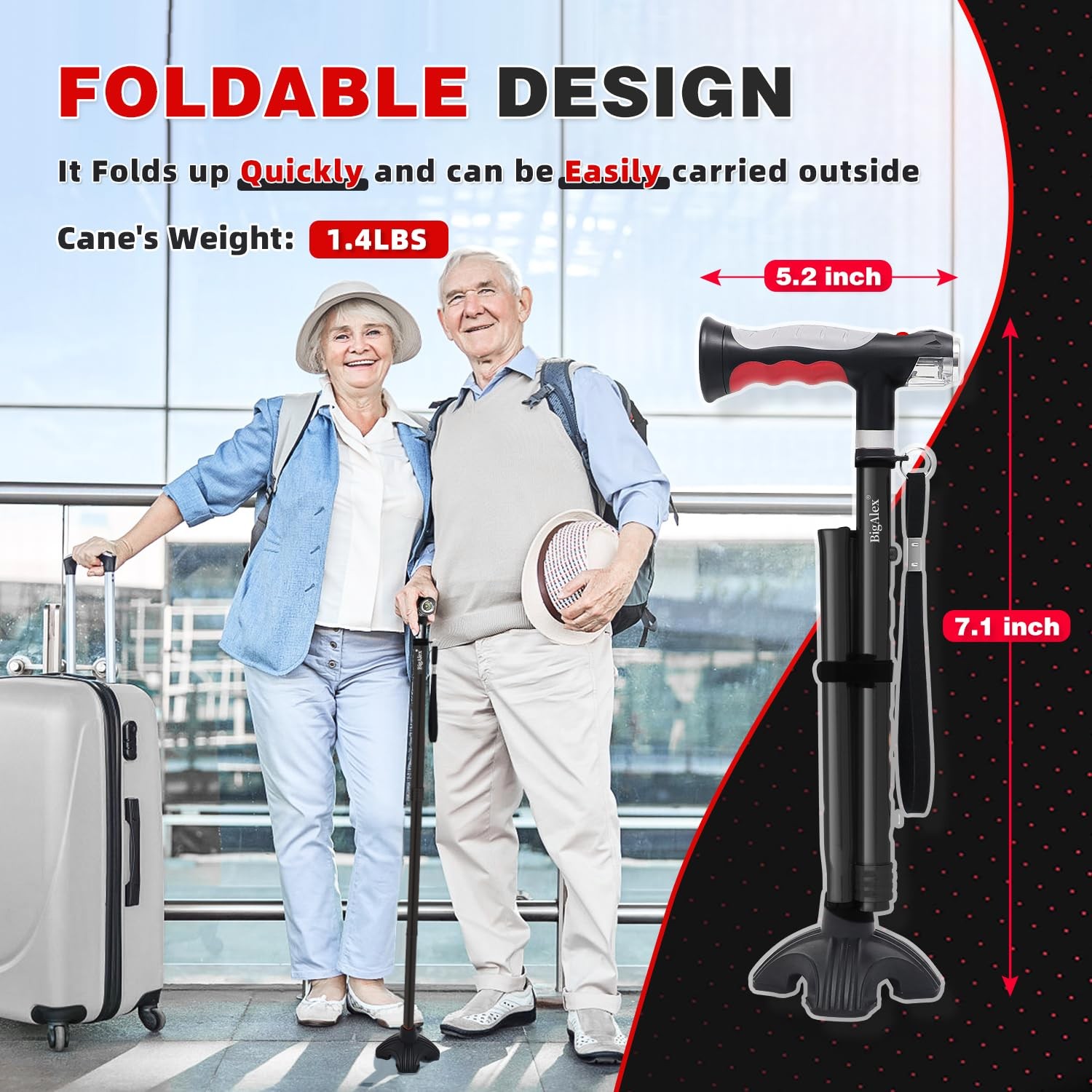 BigAlex Folding Walking Cane w/ 2 LED Lights for Elderly, Adjustable, Solid Base
