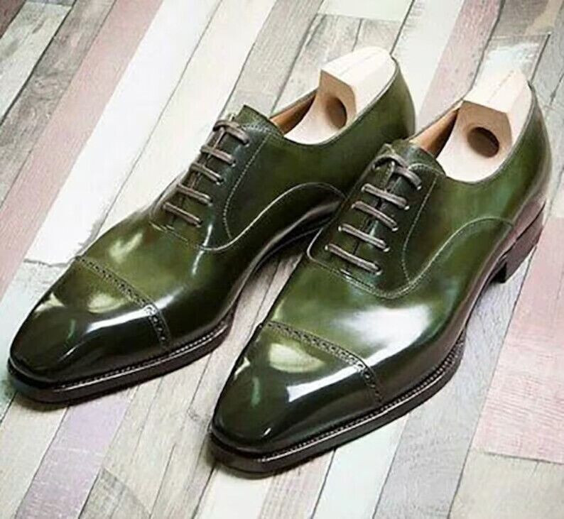 Men Genuine Handmade Green Leather Formal Dress Shoes