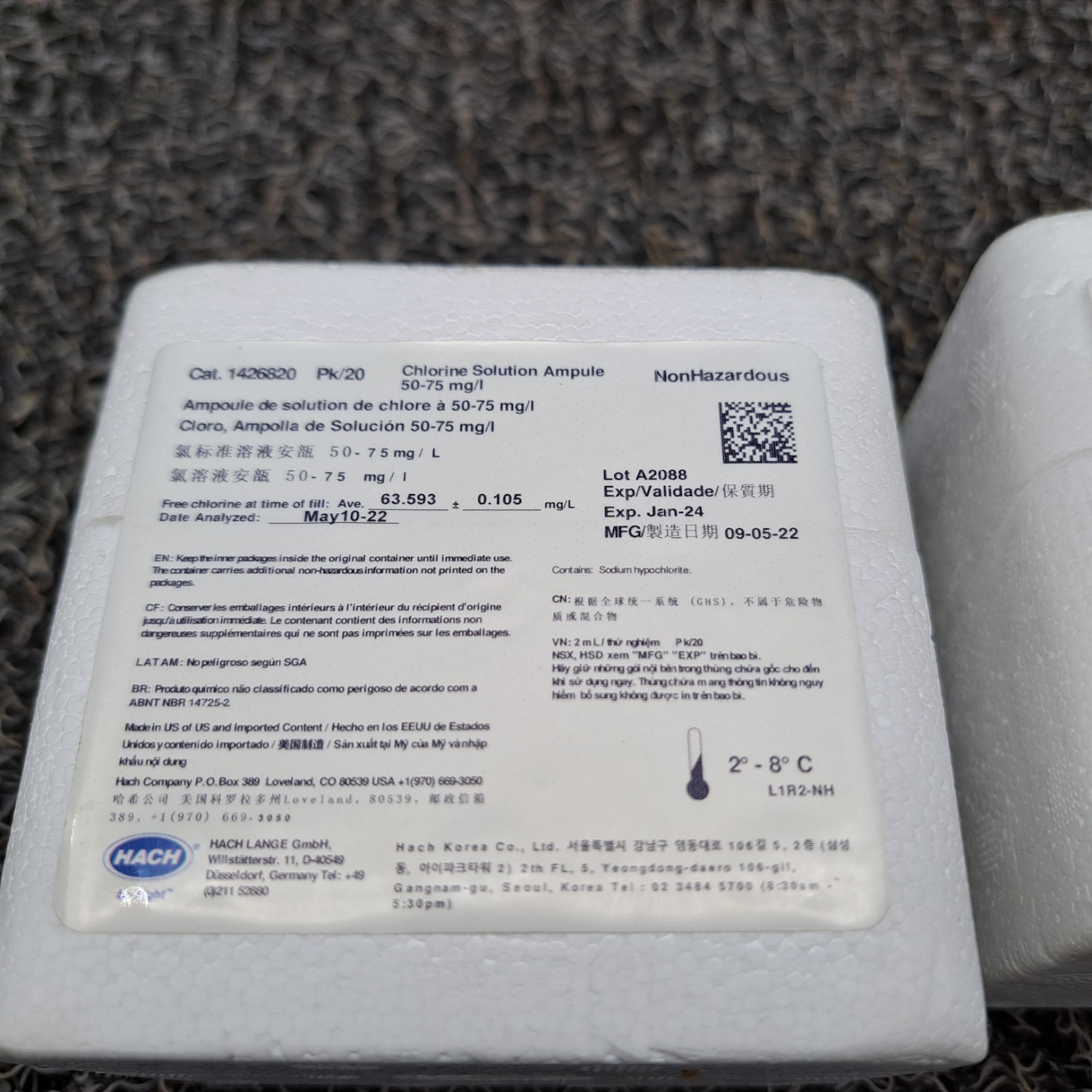 Hach® 2630020 Chlorine Std. Solution, 25-30mg/L as Cl₂, 2mL Ampules. Outdated