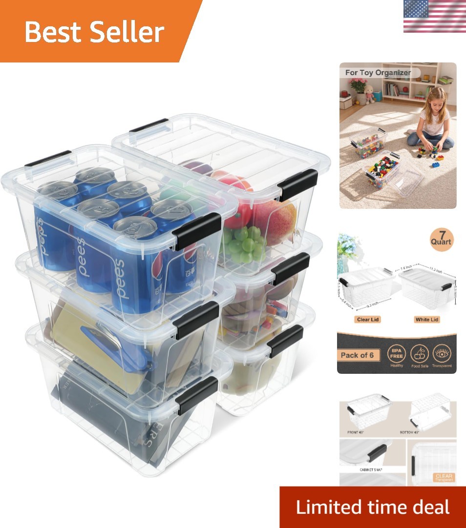 Clear Plastic Storage Bins, 6 Pack, 7 Quart with Lids - BPA Free & Stackable