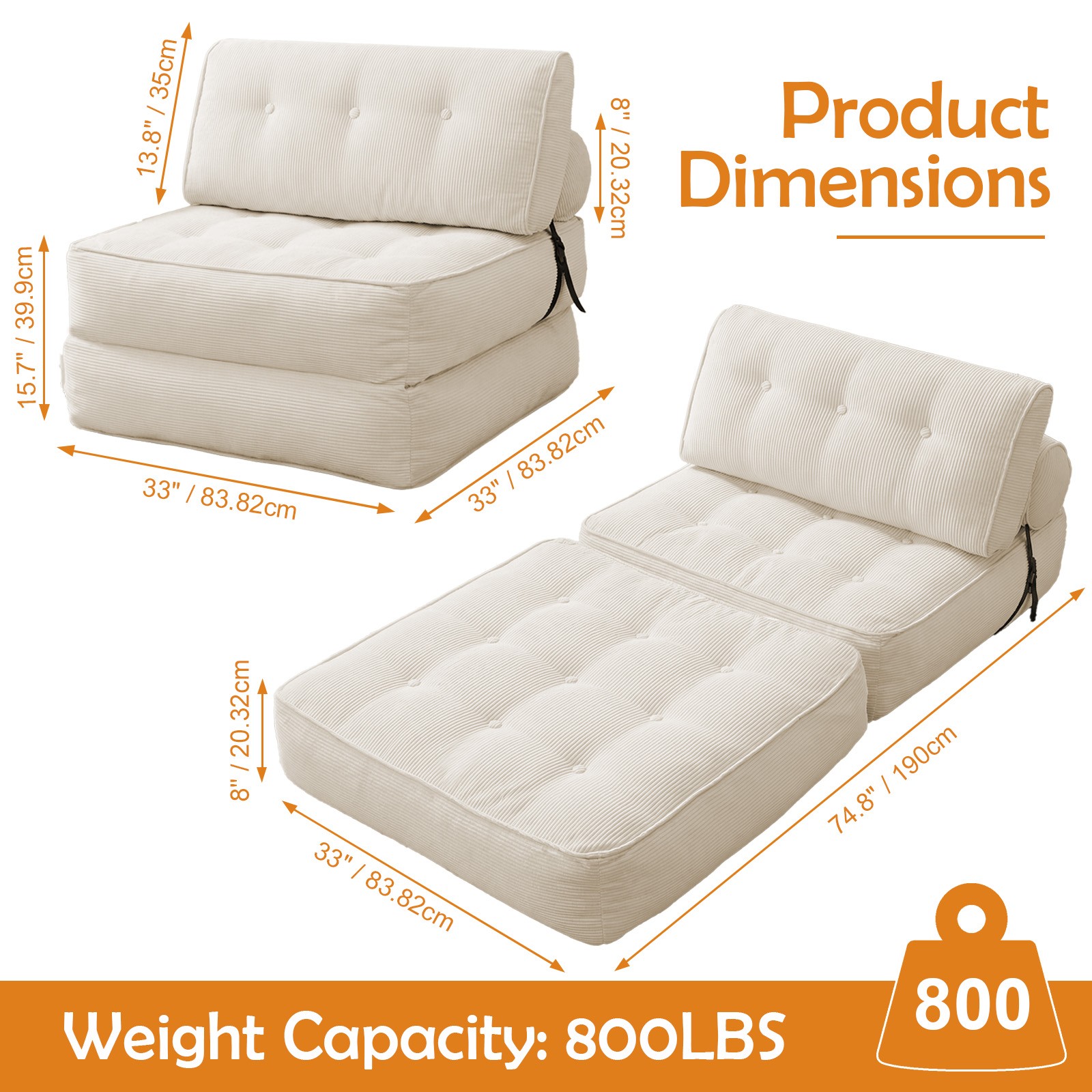 Foldable Single Sofa Bed, Convertible Sleeper Chair Bed Couches w/ Dual-Cushion