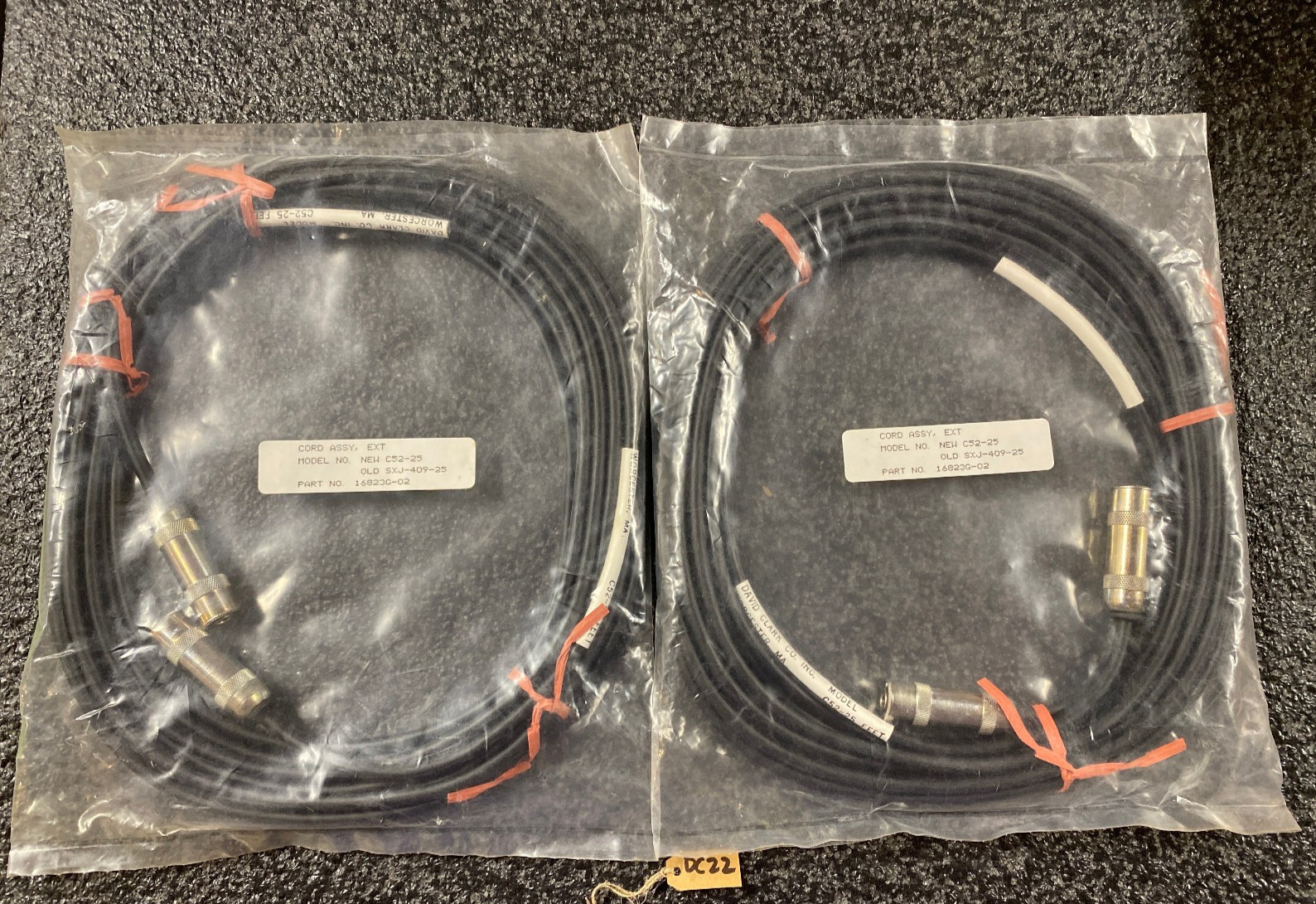 Two David Clark C52-25 Cord Assembly 25 Foot Part Number 16823G-02