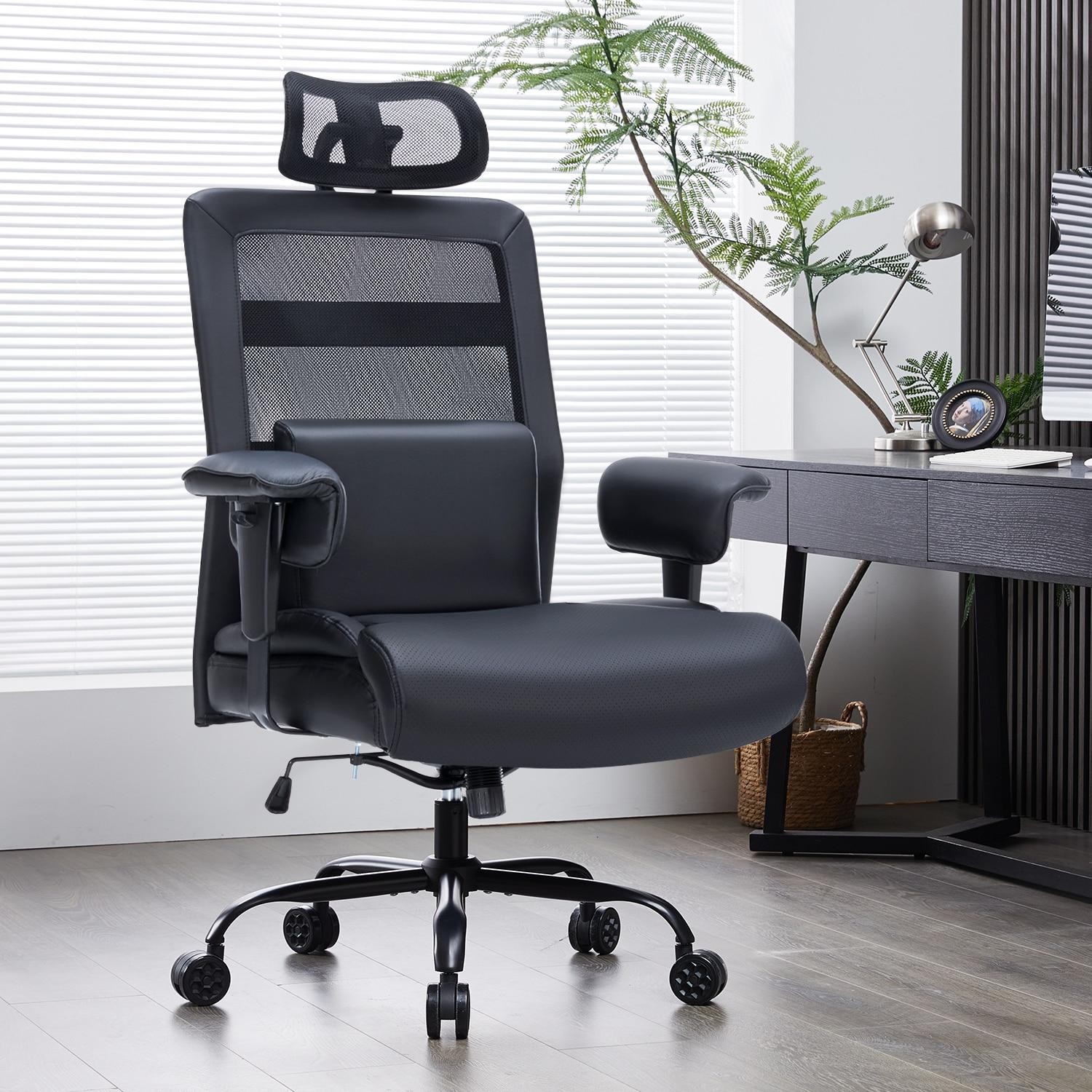 600lbs Heavy-Duty Black Mesh Desk Chair - Extra Wide Seat & Lumbar Support