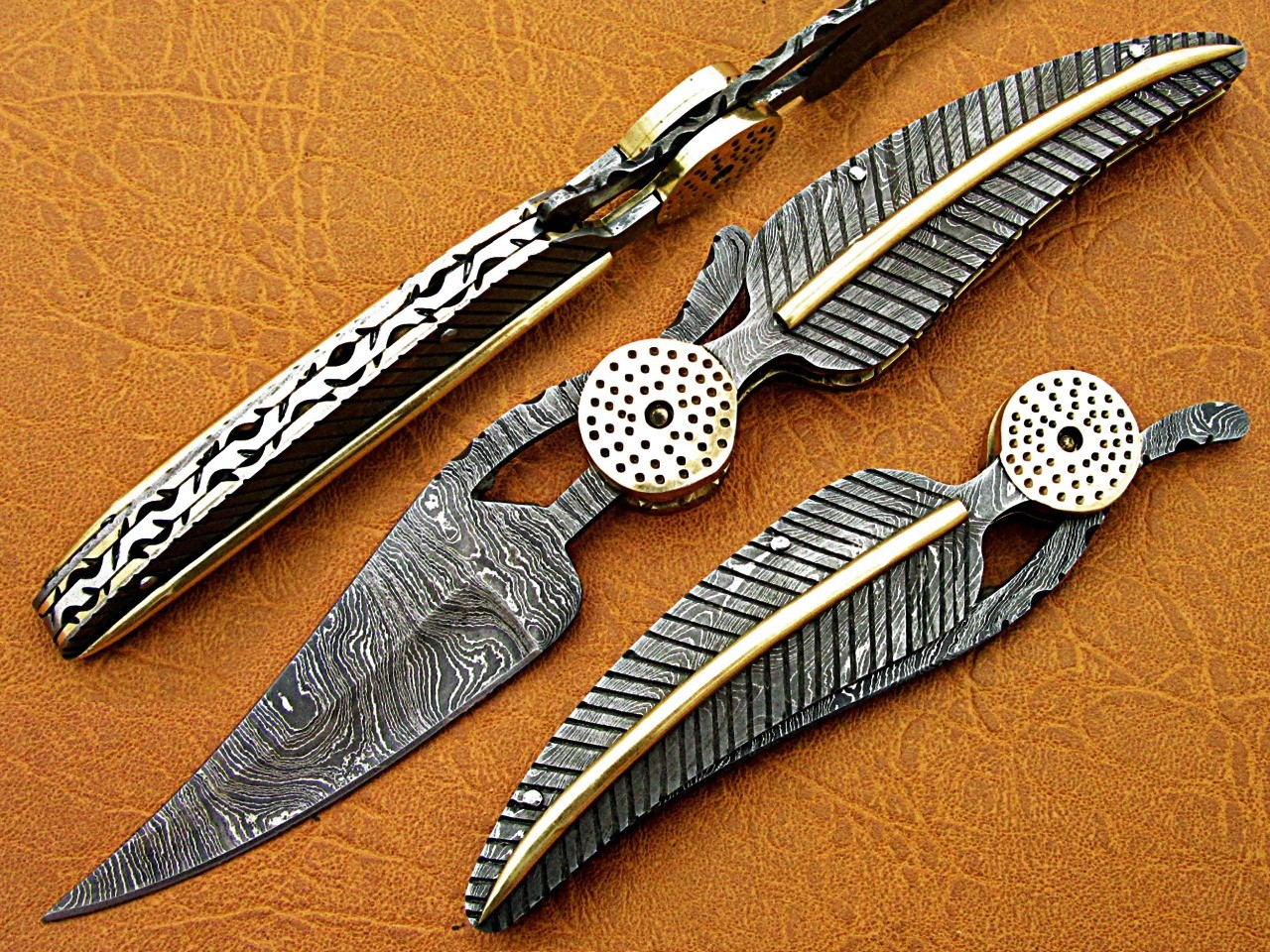 Damascus folding knife in exotic leaf shape engraved Damascus, Leather sheath