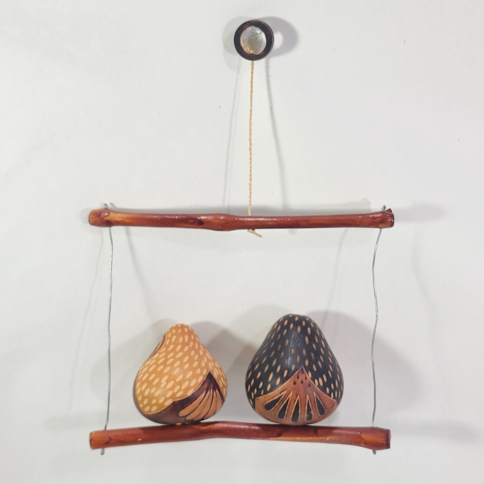 Peruvian Gourd Art Two Perched Owls Birds on Branch Hanging Decor Lucuma Peru