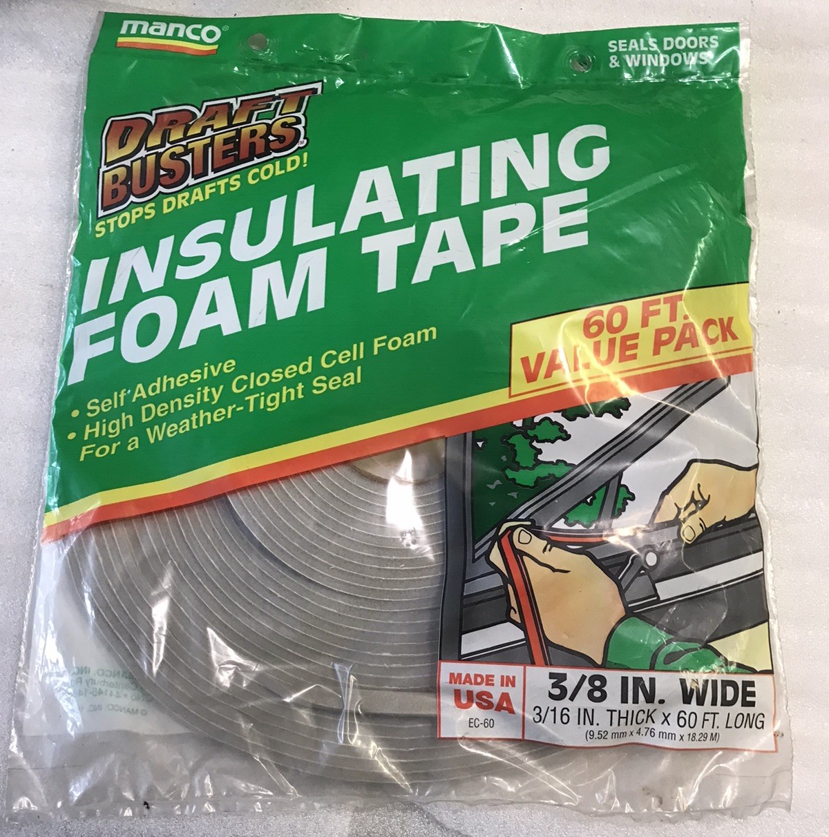Manco Insulating Foam Tape (3/8" Wide, 3/16" Thick, 60' Long) One Pack Weather