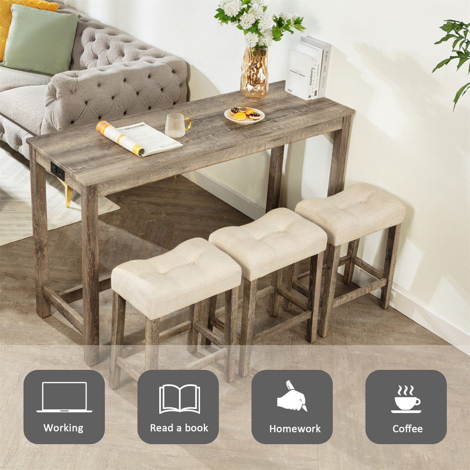4 Piece Bar Table Set Counter Height Kitchen Dining Table with 3 Stools US