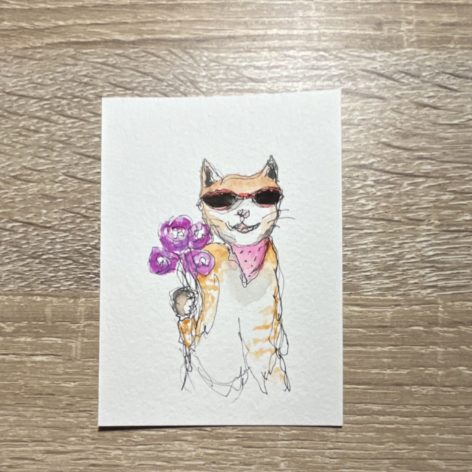 ACEO Cat with Sunglasses Flowers Cartoon Art Drawing, Pen and watercolor