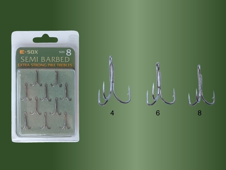 DRENNAN E SOX SEMI BARBED EXTRA STRONG PIKE FISHING TREBLE HOOKS - 10 PER PACK