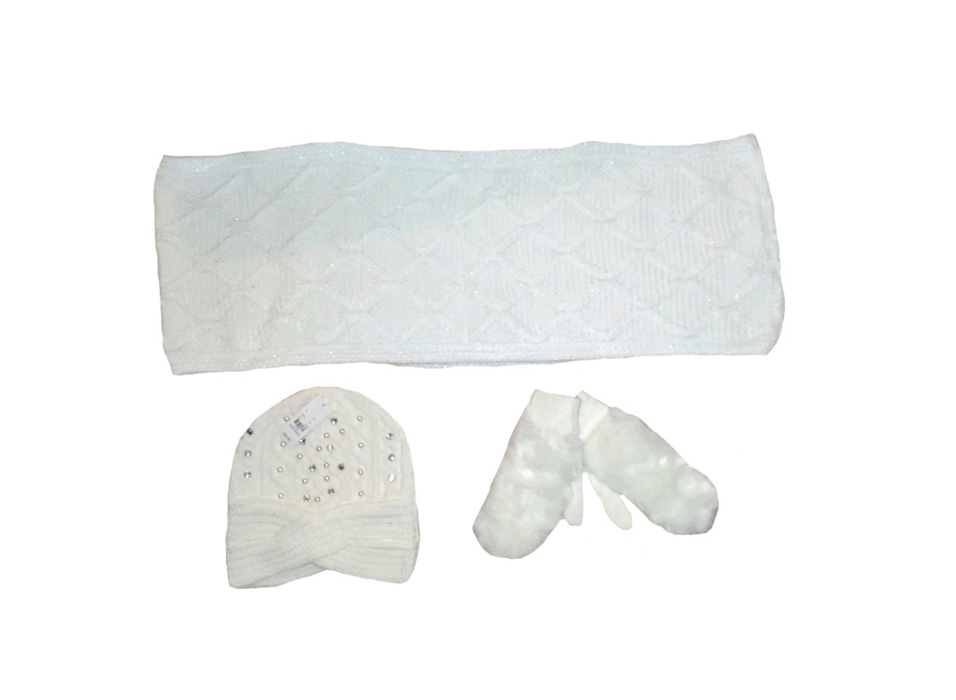 NWT New York & Company White Cable Knit Scarf, Fur Mittens, Rhinestone Pearl Hat