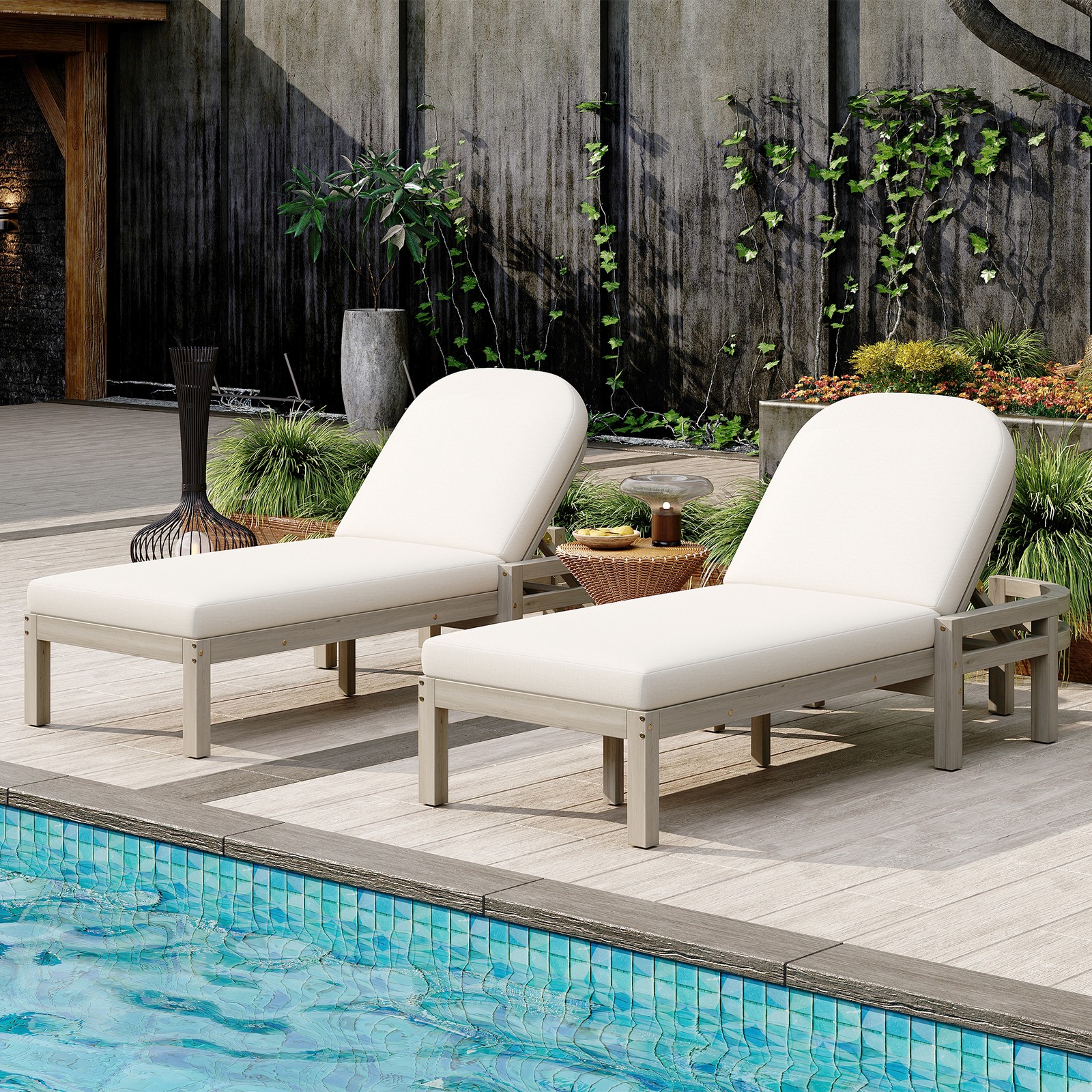 Patio Chaise Lounge Chair 2-Pack, Acacia Wood, Adjustable Backrest, Gray Cushion