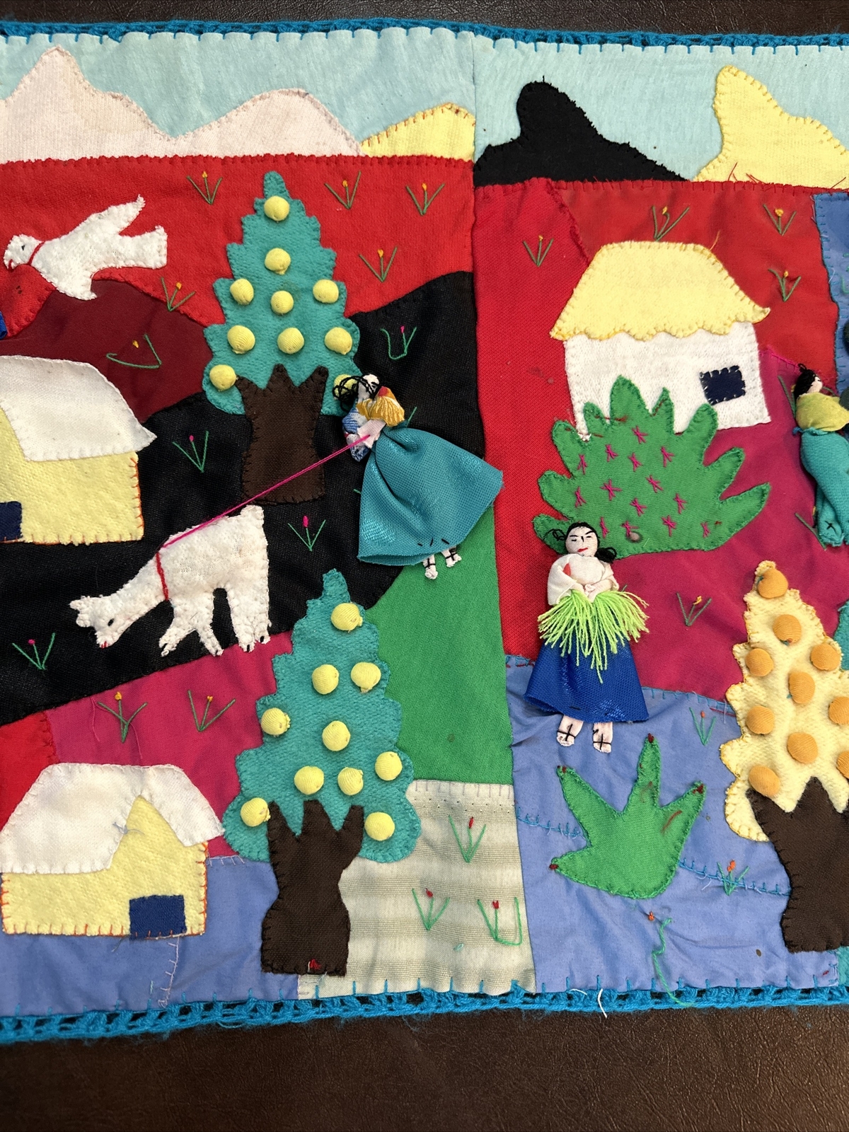 Vintage Peruvian Patchwork 19x37” 3-D Wall Hanging Tapestry Animals + People--
