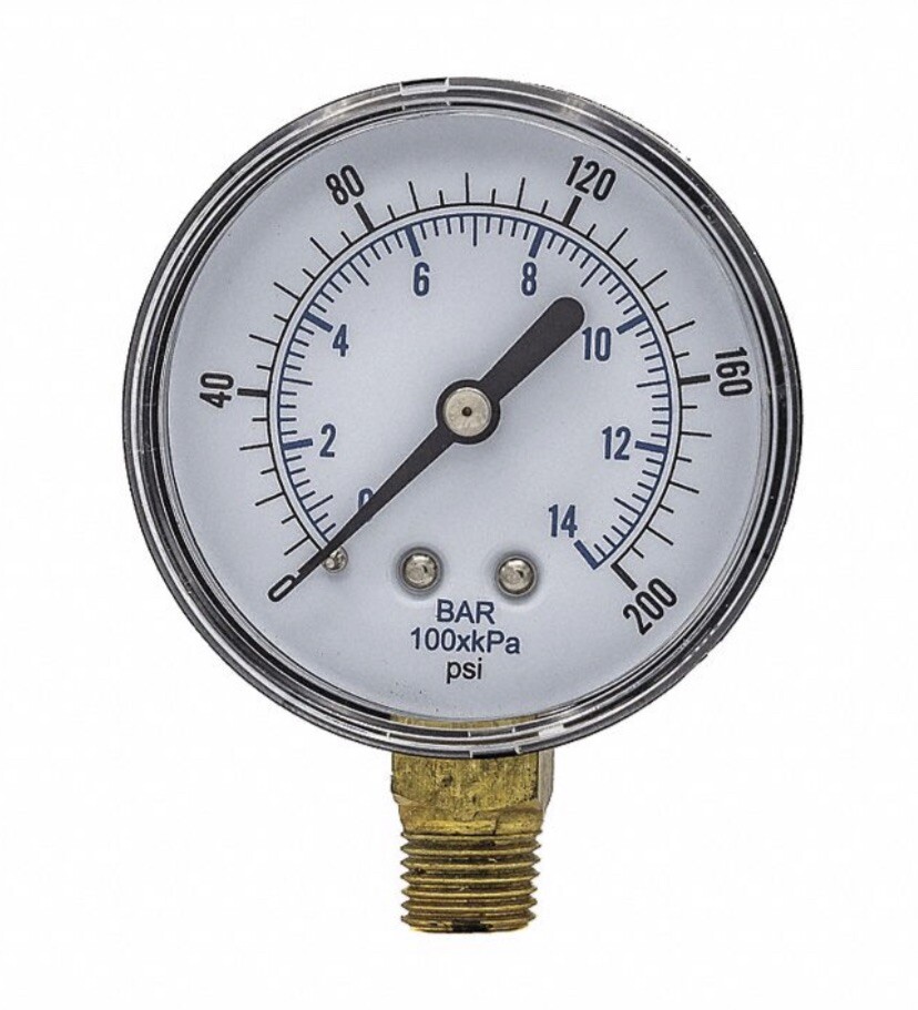 Industrial Pressure Gauge: 0 to 200 psi, 2 1/2 in Dial, 1/4 in NPT Male, Bottom,