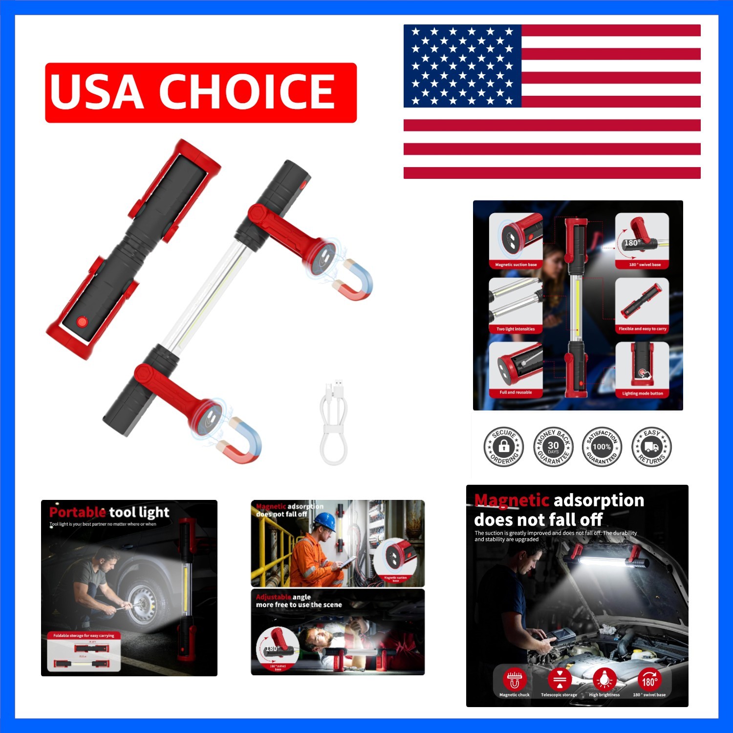 Retractable Cordless Magnetic Work Light Bar, 600LM Rechargeable Light for Ga...