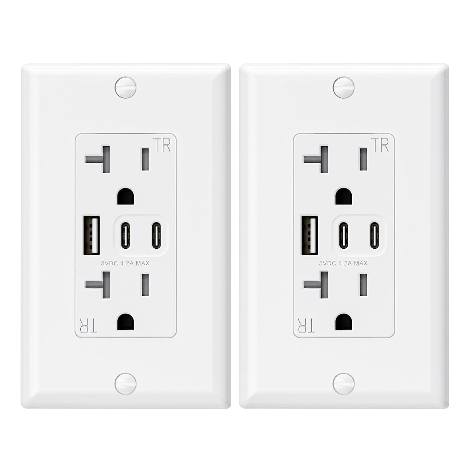 20 Amp Tamper Resistant USB Wall Outlet Dual USB C And USB A Ports 2 Pack White