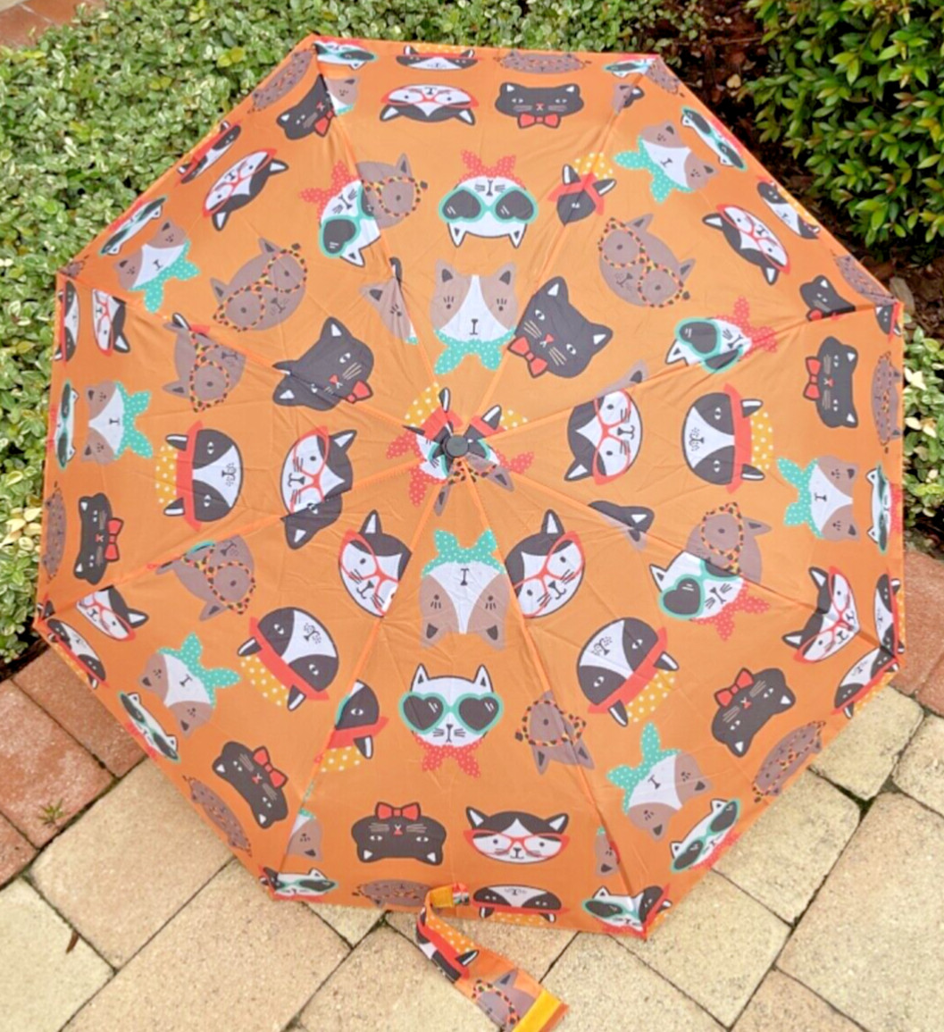 RAINY SKIES UMBRELLA ORANGE AUTO OPEN CLOSE  CATS 40 INCH CANOPY NWT