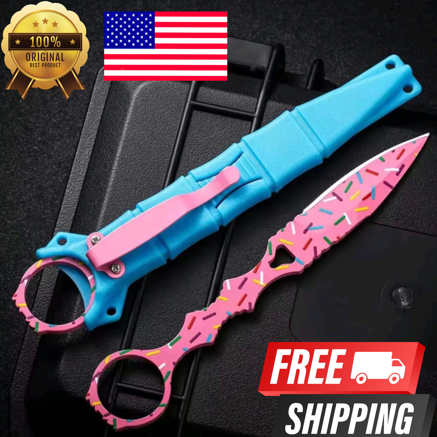 Dessert Warrior Fixed Blade Tactical Knife Donut Pink Sprinkles Sheath EDC Ring