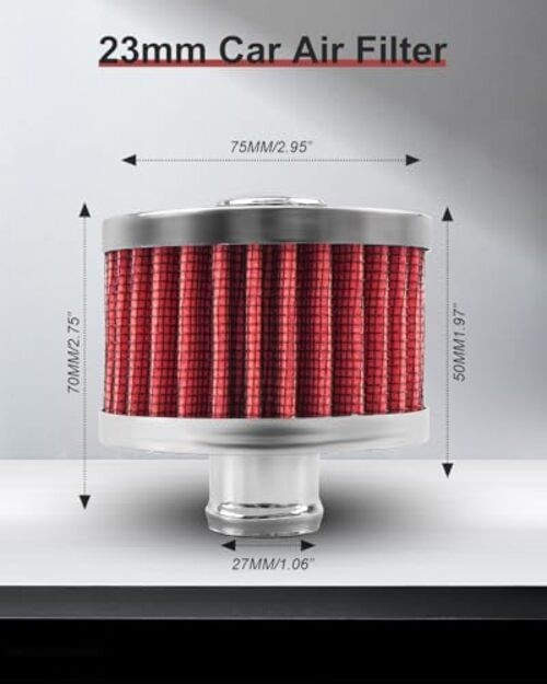 2Pcs Car Air Filter, Universal 23mm Air Intake Filter for Vehicles with Red