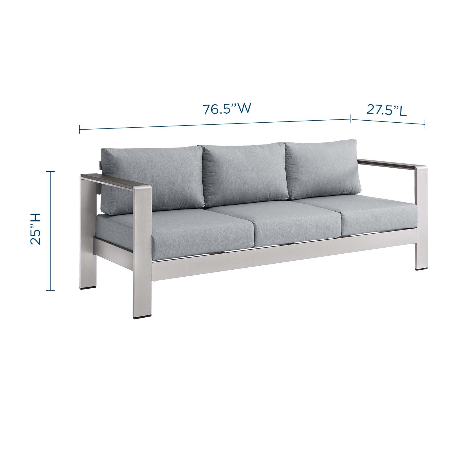Modway Shore Outdoor Patio Aluminum Sofa in Silver Gray
