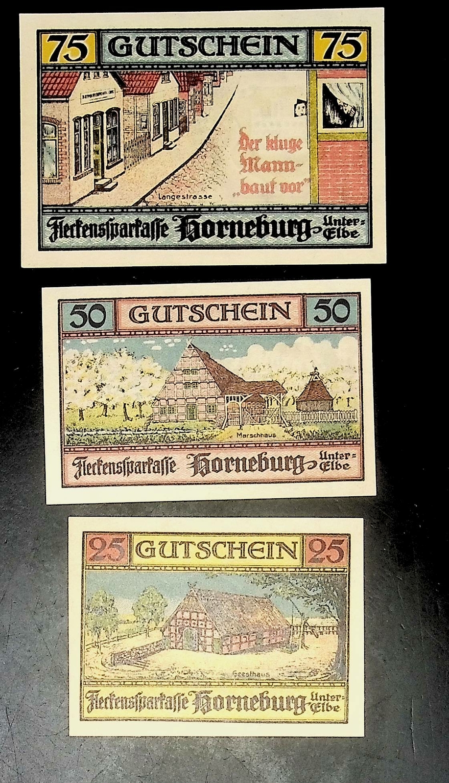 1921 Germany HORNEBURG 25 50 75 Phennig Banknote / Notgeld