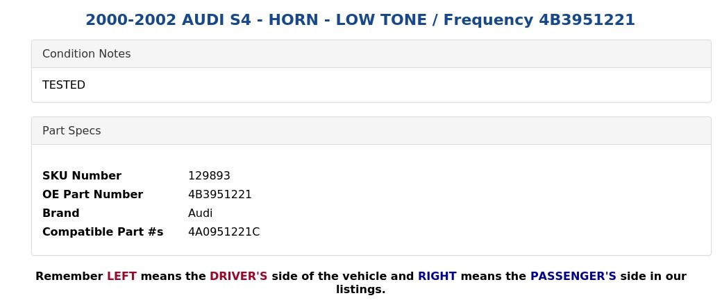 2000-2002 AUDI S4 - HORN - LOW TONE / Frequency 4B3951221