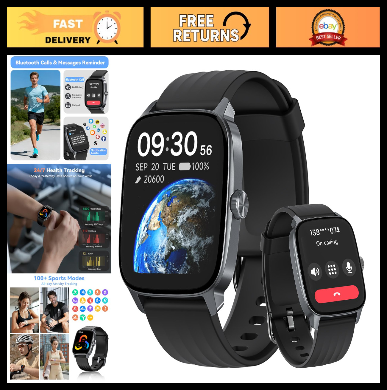 Smart Watch with Pedometer, Heart Rate Monitor, Calls, Waterproof, 1.85" Display