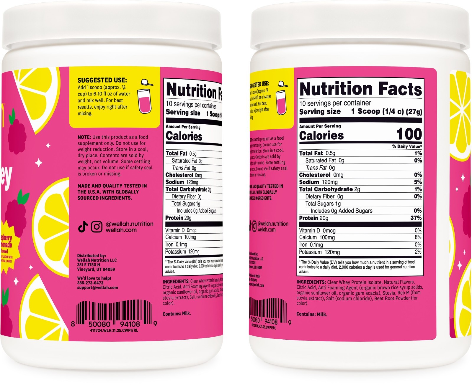 Wellah Clear Whey Protein Isolate Powder (Raspberry Lemonade) 10 Servings