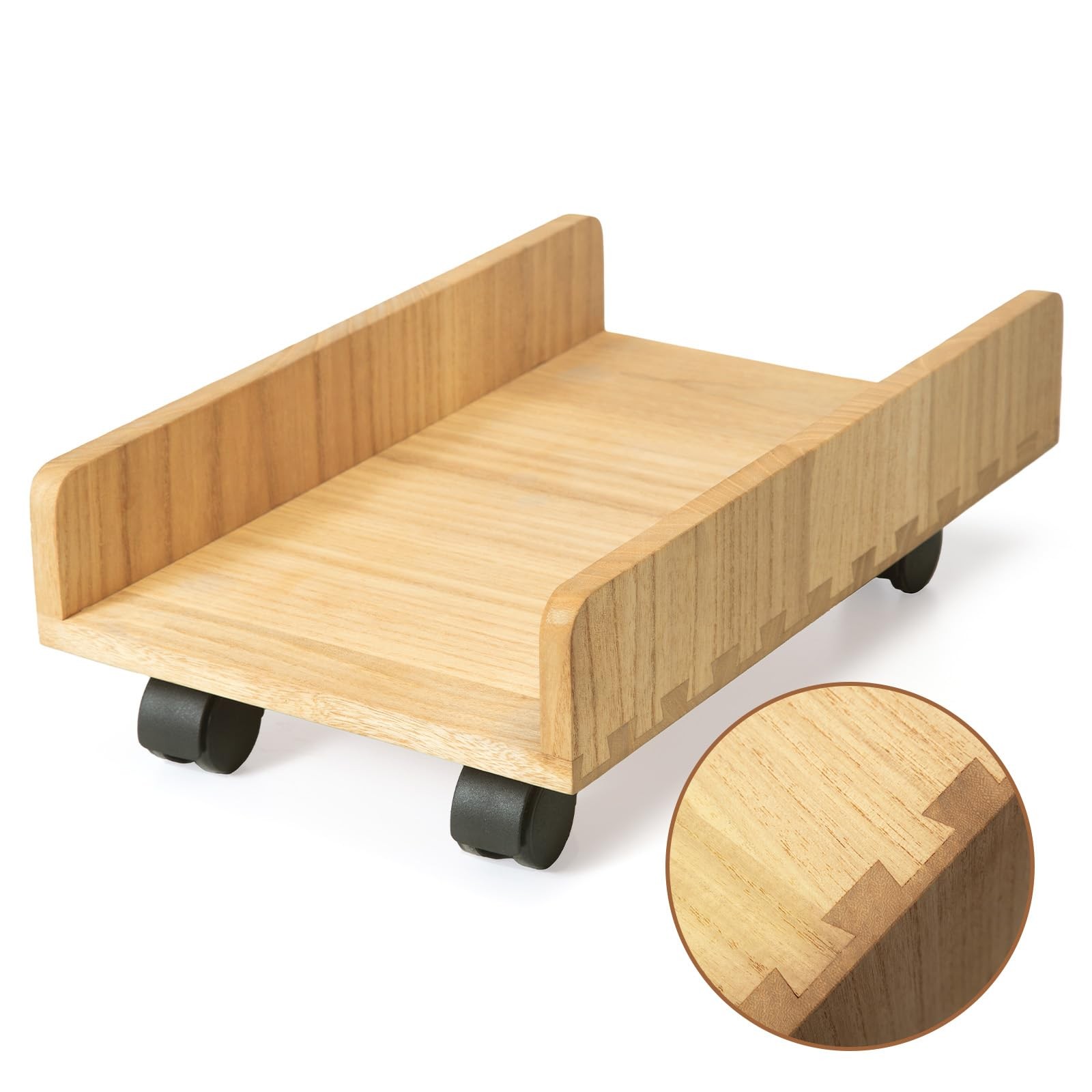 Wood Computer Tower Stand with Wheels, Rolling PC Cart, Natural