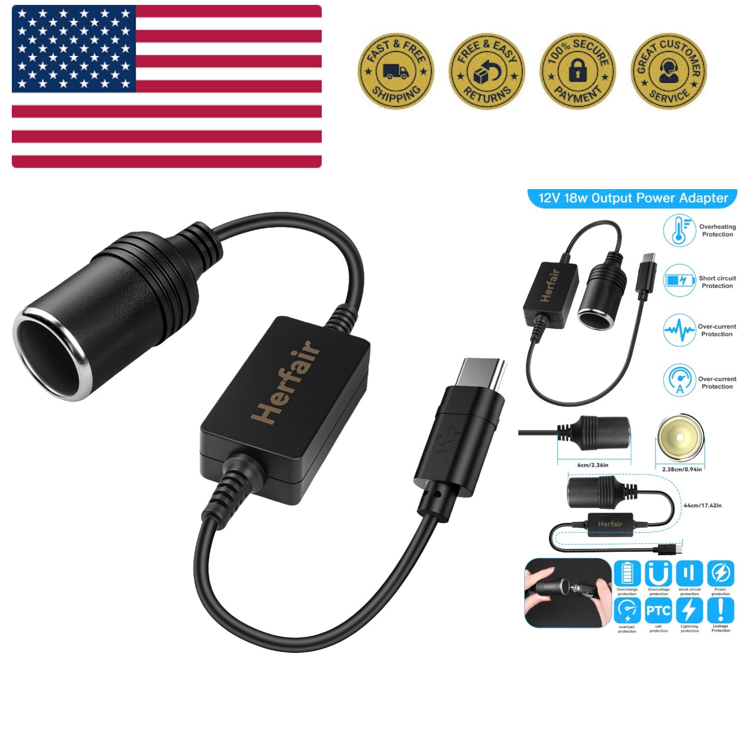 USB C Male to 12V Car Cigarette Lighter Socket Female Converter Adapter Power...