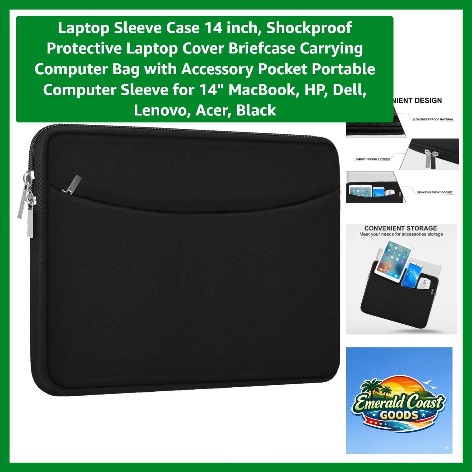 Memory Foam Laptop Sleeve 14'', Portable Cover with Accessory Pocket