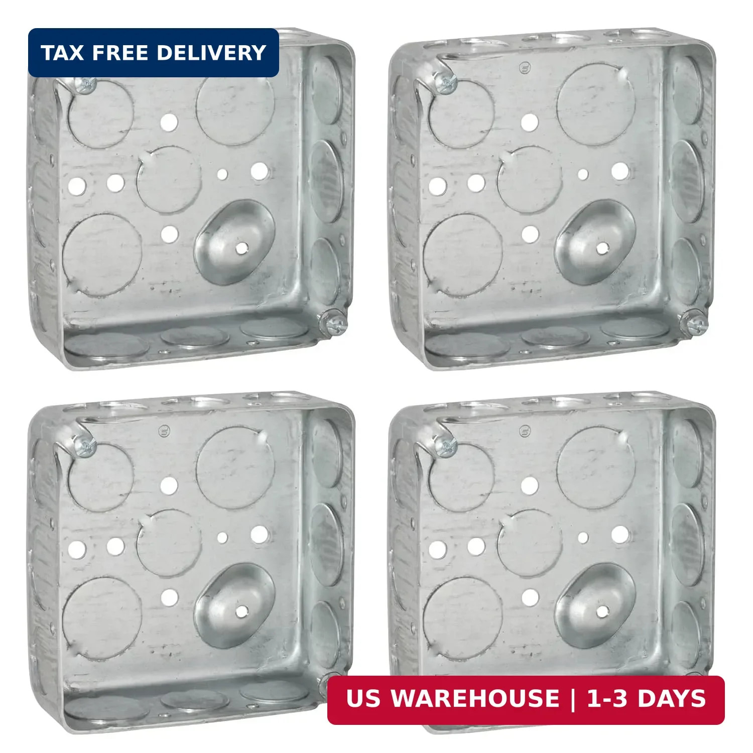(4 Pack) 4'' Square Electrical Box, Drawn Construction, Ten 1/2'' and Six 3/4''