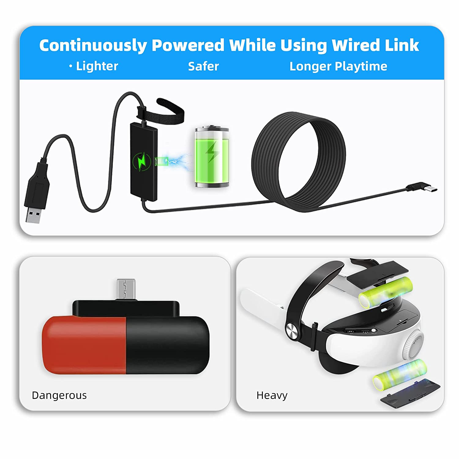 Design 16FT Link Cable for Quest 3S/3, Quest 2, Quest Pro, with Separate Char...