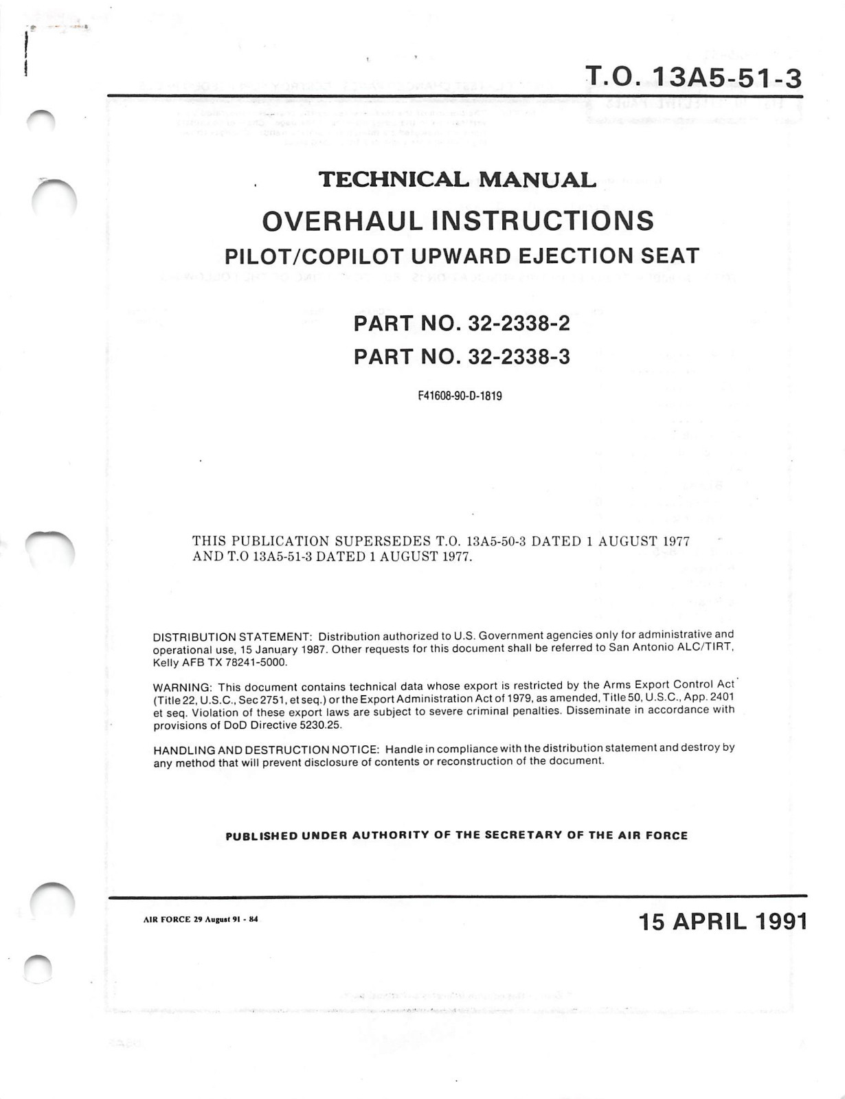 B-52 Pilot/CoPilot Upward Ejection Seat Overhaul Inst's Flight Manual (CD)
