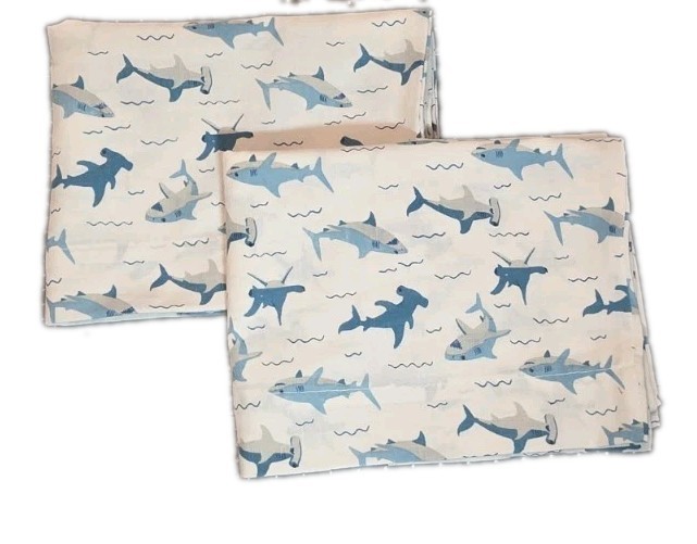 Set of 2 White 100% Cotton Pillowcases W Blue Sharks 20 X 30 Standard/ Queen