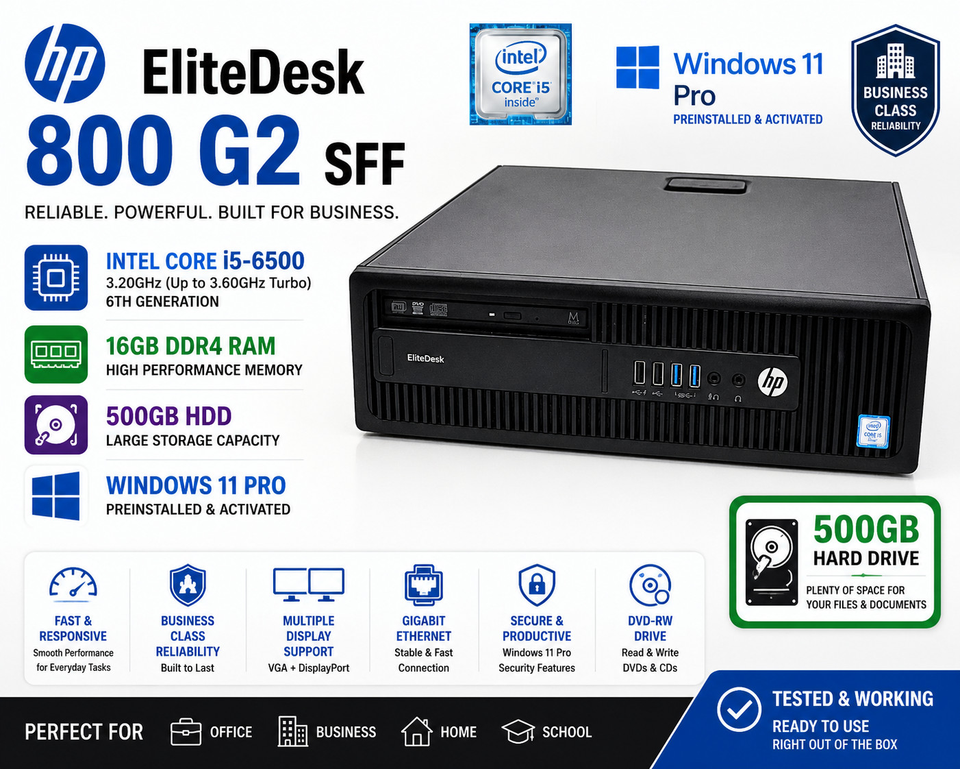 HP EliteDesk 800 G2 SFF i5-6500 16GB RAM 500GB HDD Windows 11 Pro PC