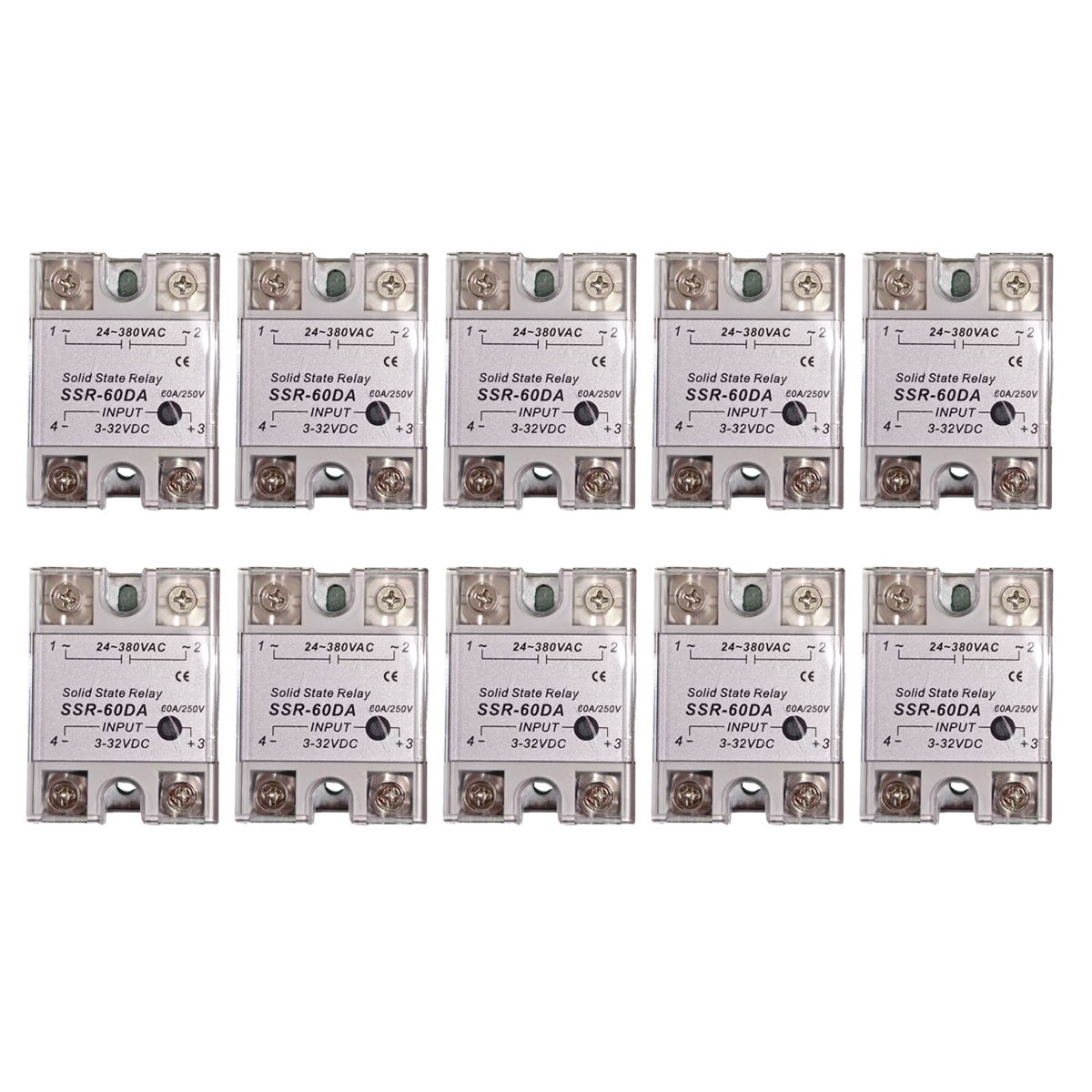10 pcs SSR-60DA Solid State Relay Single Phase Relay 60A 3-32VDC to 24-380VAC